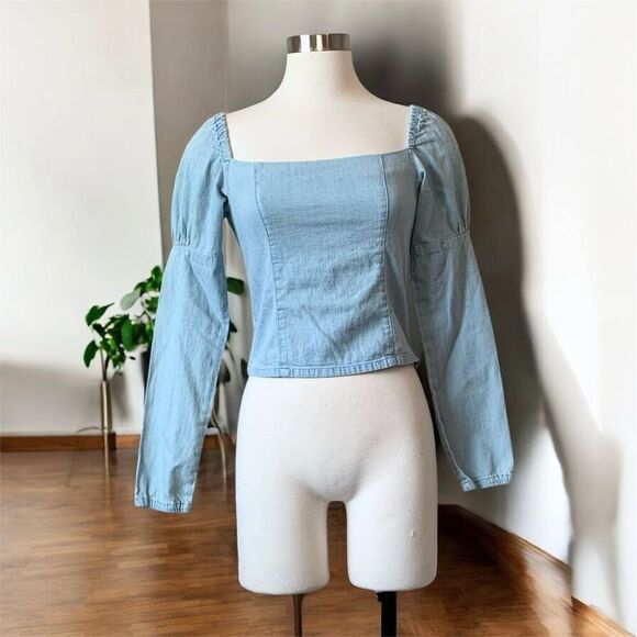 Levi’s Smocked Denim Jean Peasant Blouse Top Shirt Poet Boho Small - Picture 1 of 6